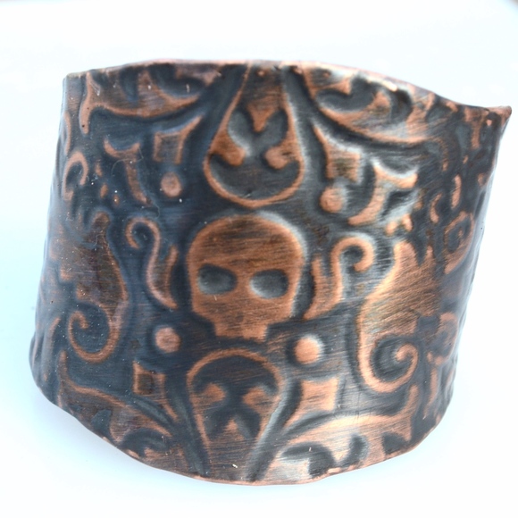 Embossed Skull Solid Copper Biker Cuff Bracelet Biker Bohemian Rustic Handmade - Picture 4 of 7
